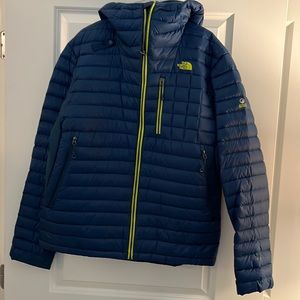 North Face men’s large blue jacket with neon yellow zipper piping and logo